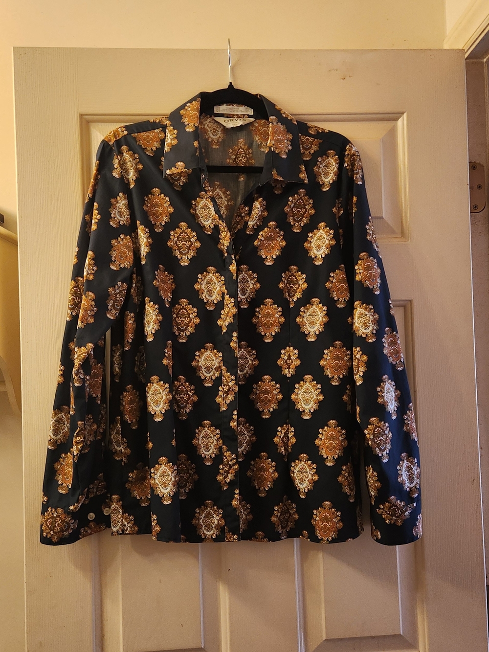 Orvis Black Button-Down Shirt with Gold Medallion Print